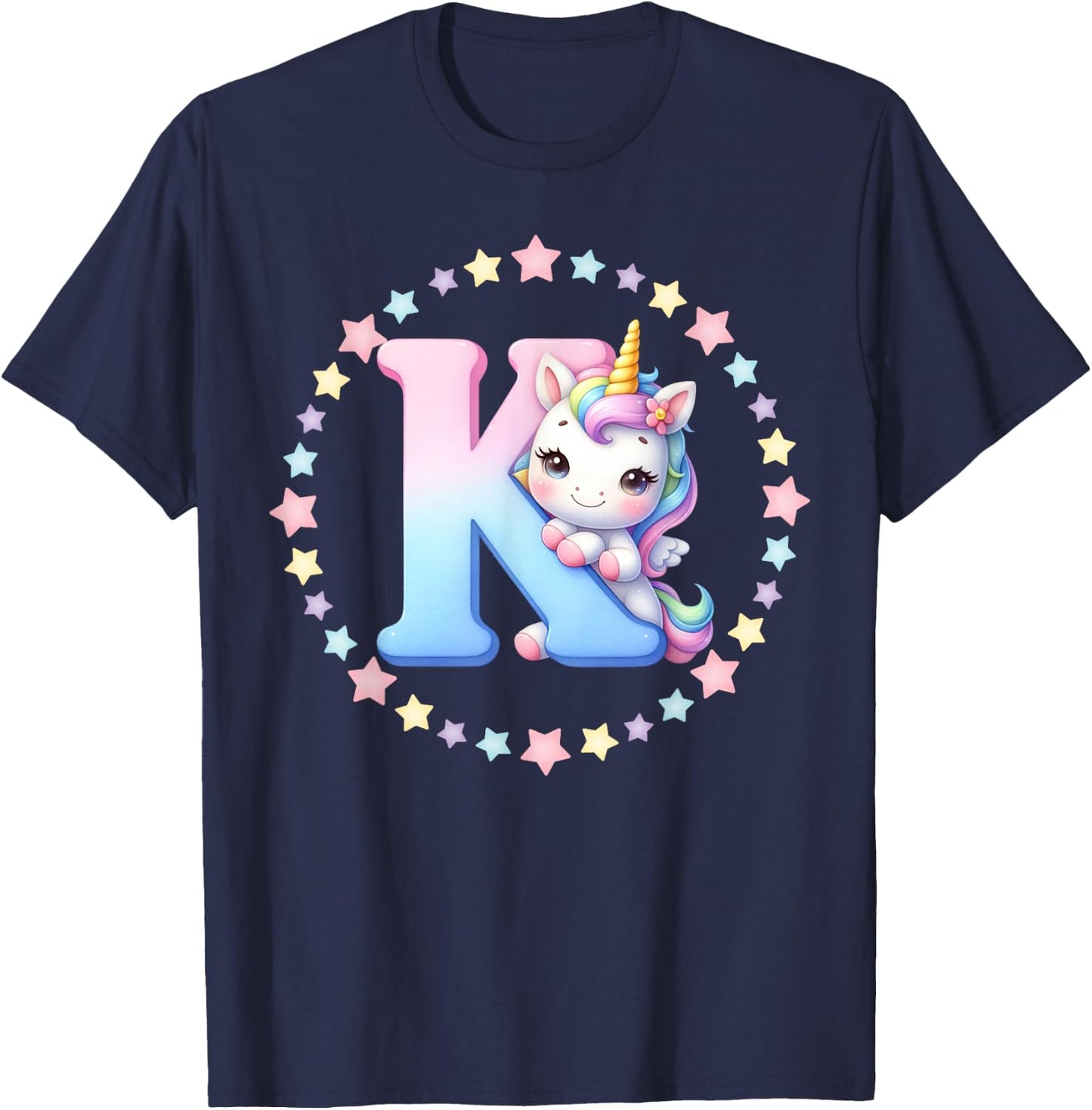 Unicorn Letter K Initial Rainbow Monogram Women Girls Kids T-Shirt - T-Shirt | Navy
