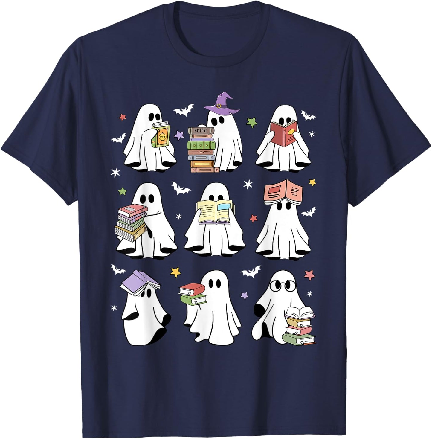 Funny Ghost Book Reading Halloween Books Lover Teacher Kids T-Shirt - T-Shirt | Navy