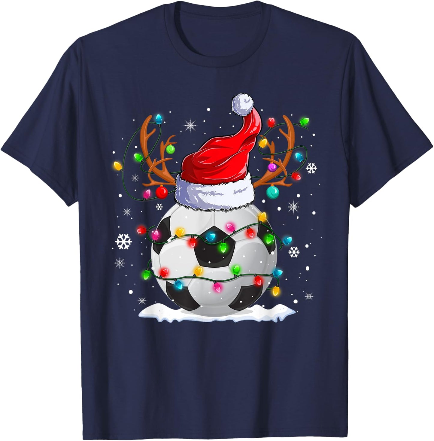 Soccer Santa Hat Reindeer Christmas Lights Funny Xmas T-Shirt - T-Shirt | Navy