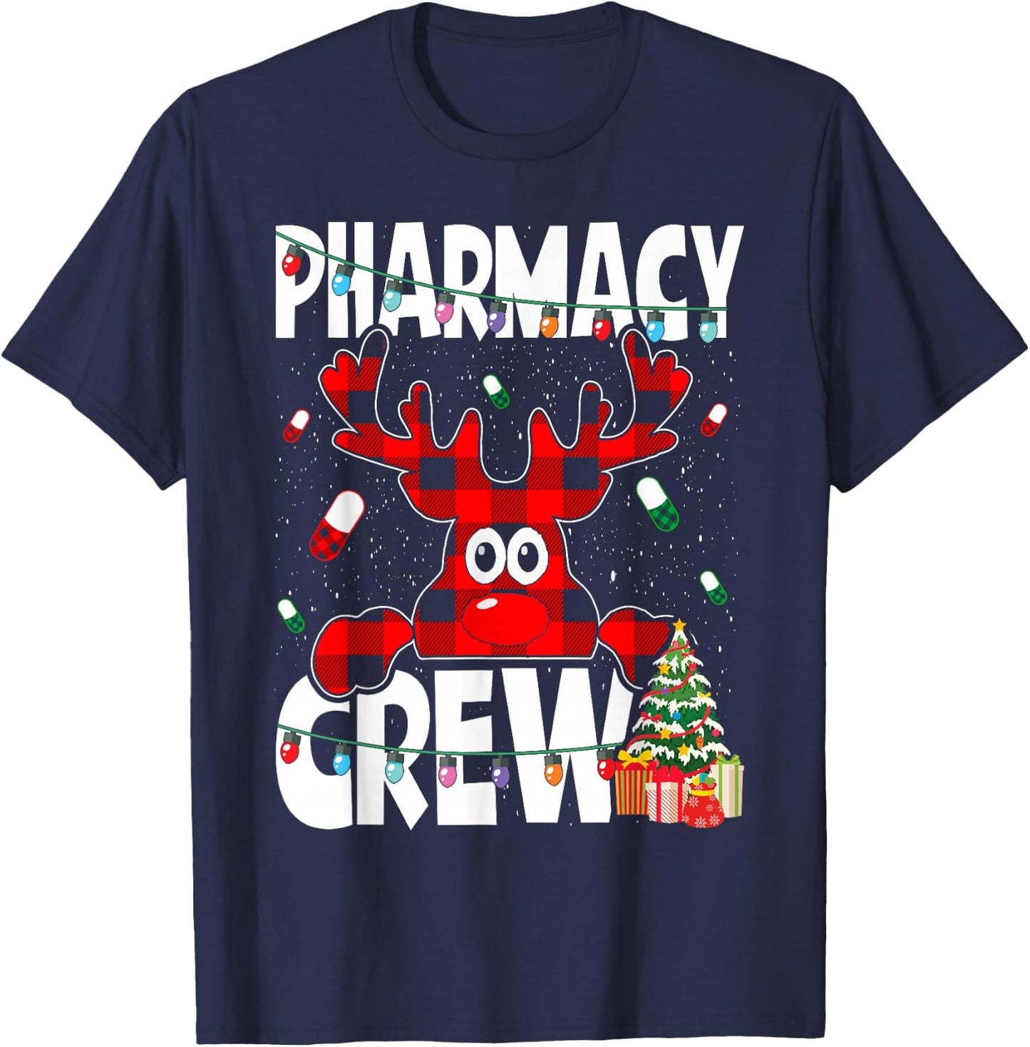 Funny Red Plaid Reindeer Pharmacy Crew Christmas T-Shirt - T-Shirt | Navy