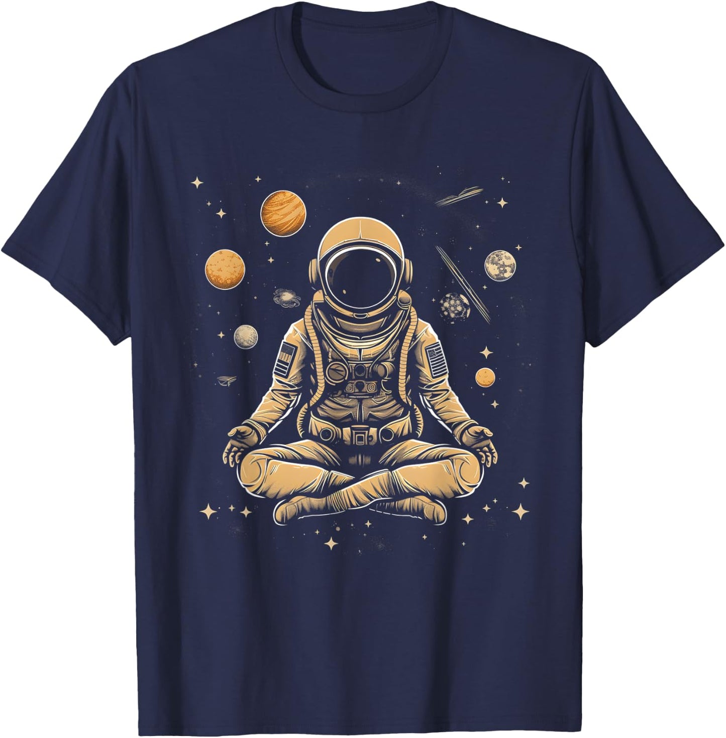 Vintage Lotus Meditating Astronaut Zen Yoga Planets Universe T-Shirt - T-Shirt | Navy