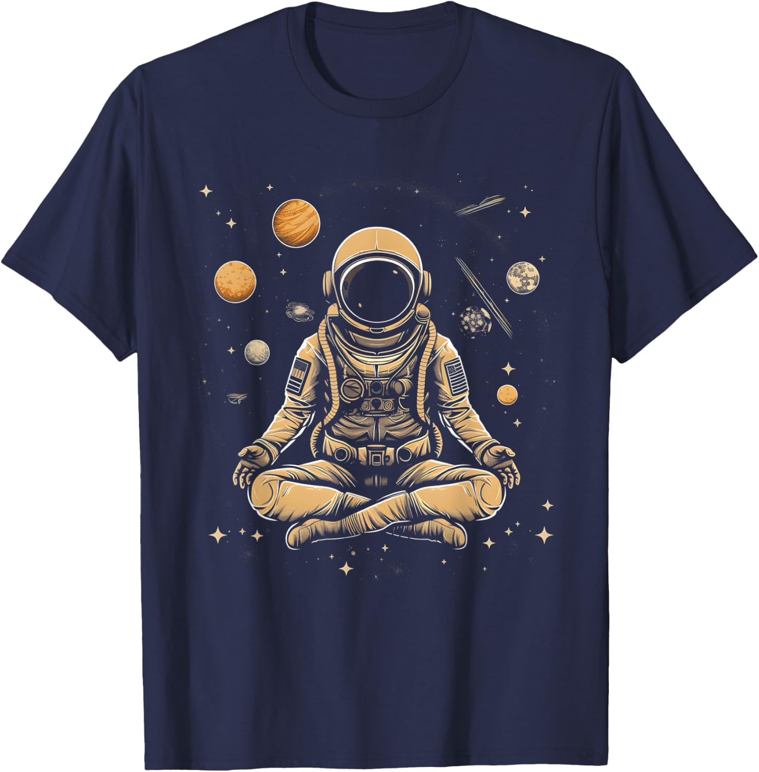Vintage Lotus Meditating Astronaut Zen Yoga Planets Universe T-Shirt - T-Shirt | Navy
