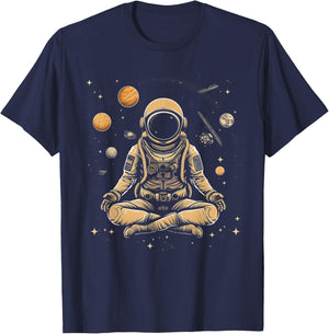 Vintage Lotus Meditating Astronaut Zen Yoga Planets Universe T-Shirt - T-Shirt | Navy