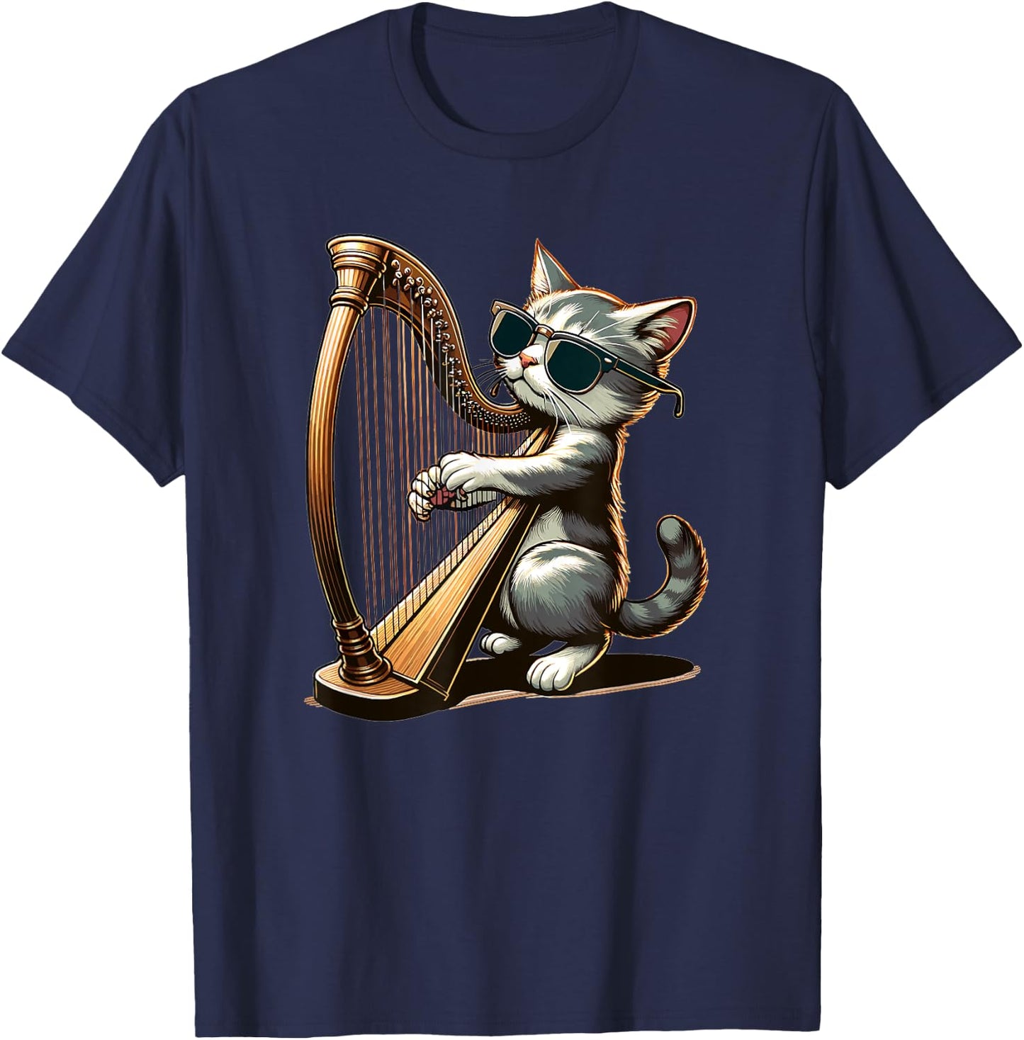 Musician Harpist Cat Wearing Sunglasses Cat Playing Harp Women Kids T-Shirt - T-Shirt | Navy