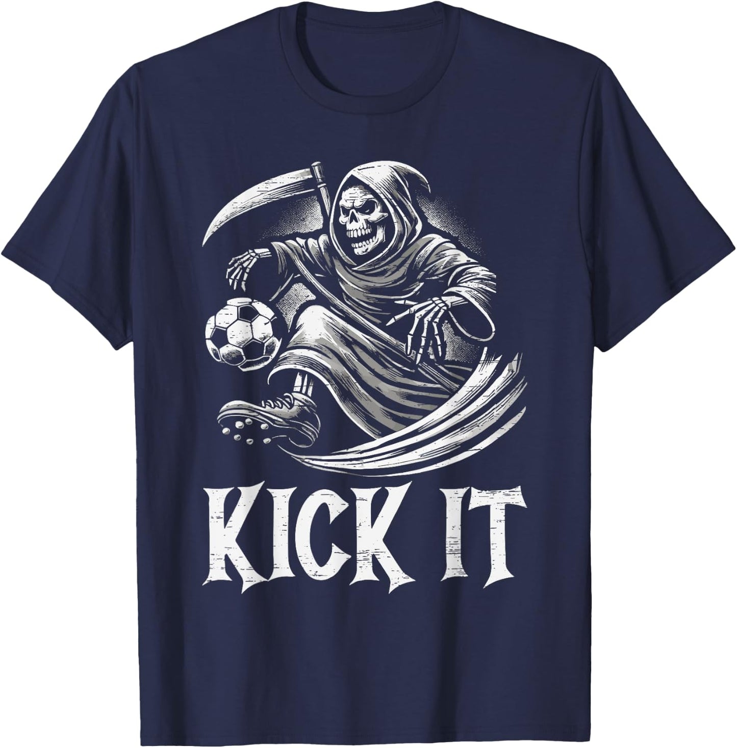 Kick It Grim Reaper Playing Soccer T-Shirt - T-Shirt | Navy