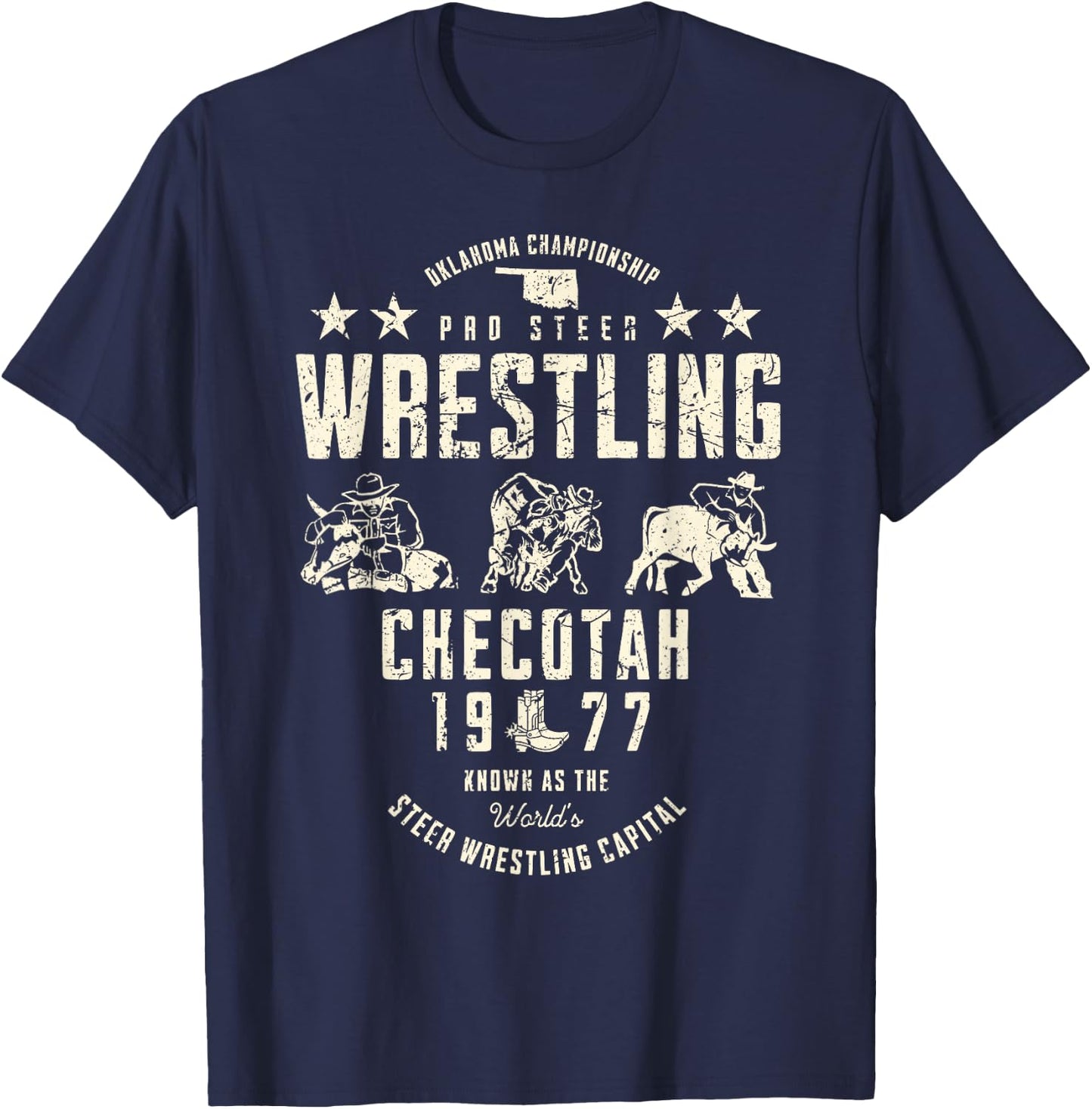 Oklahoma Pro Steer Wrestling Checotah 1977 Vintage Sports T-Shirt - T-Shirt | Navy