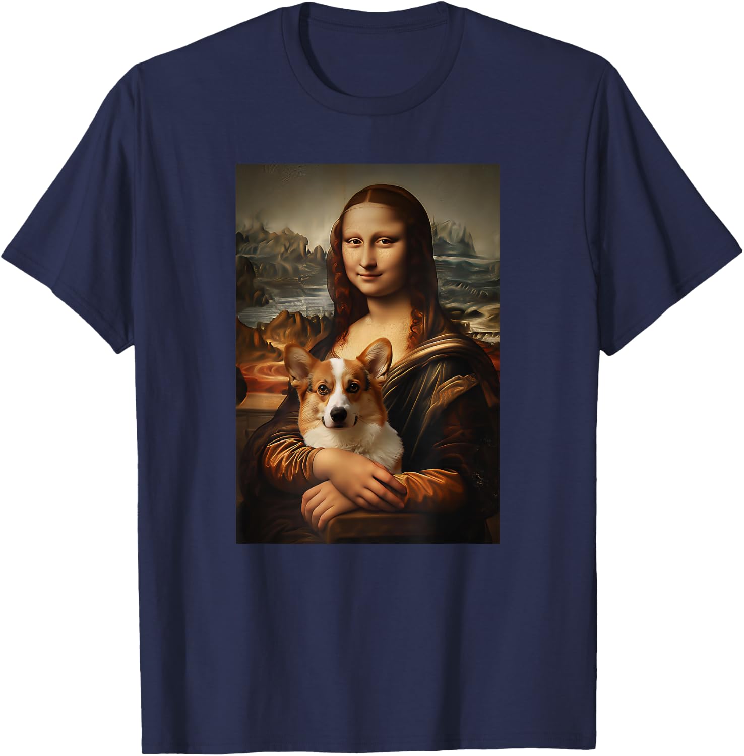 Corgi Mona Lisa Painting Art Dog Mom Dad T-Shirt - T-Shirt | Navy