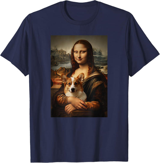 Corgi Mona Lisa Painting Art Dog Mom Dad T-Shirt - T-Shirt | Navy