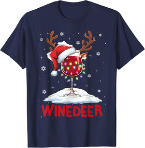 Winedeer Reinbeer Santa Hat Reindeer Couple Xmas Matching T-Shirt - T-Shirt | Navy