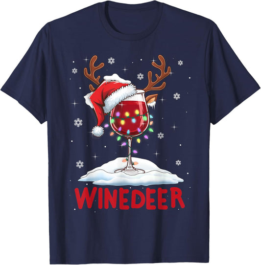 Winedeer Reinbeer Santa Hat Reindeer Couple Xmas Matching T-Shirt - T-Shirt | Navy
