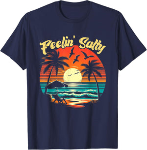 Feelin Salty Beach Summer Vacation Vintage 70's Retro Sunset T-Shirt - T-Shirt | Navy