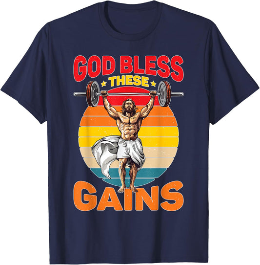 God Bless These Gains Muscle Bodybuilding T-Shirt - T-Shirt | Navy