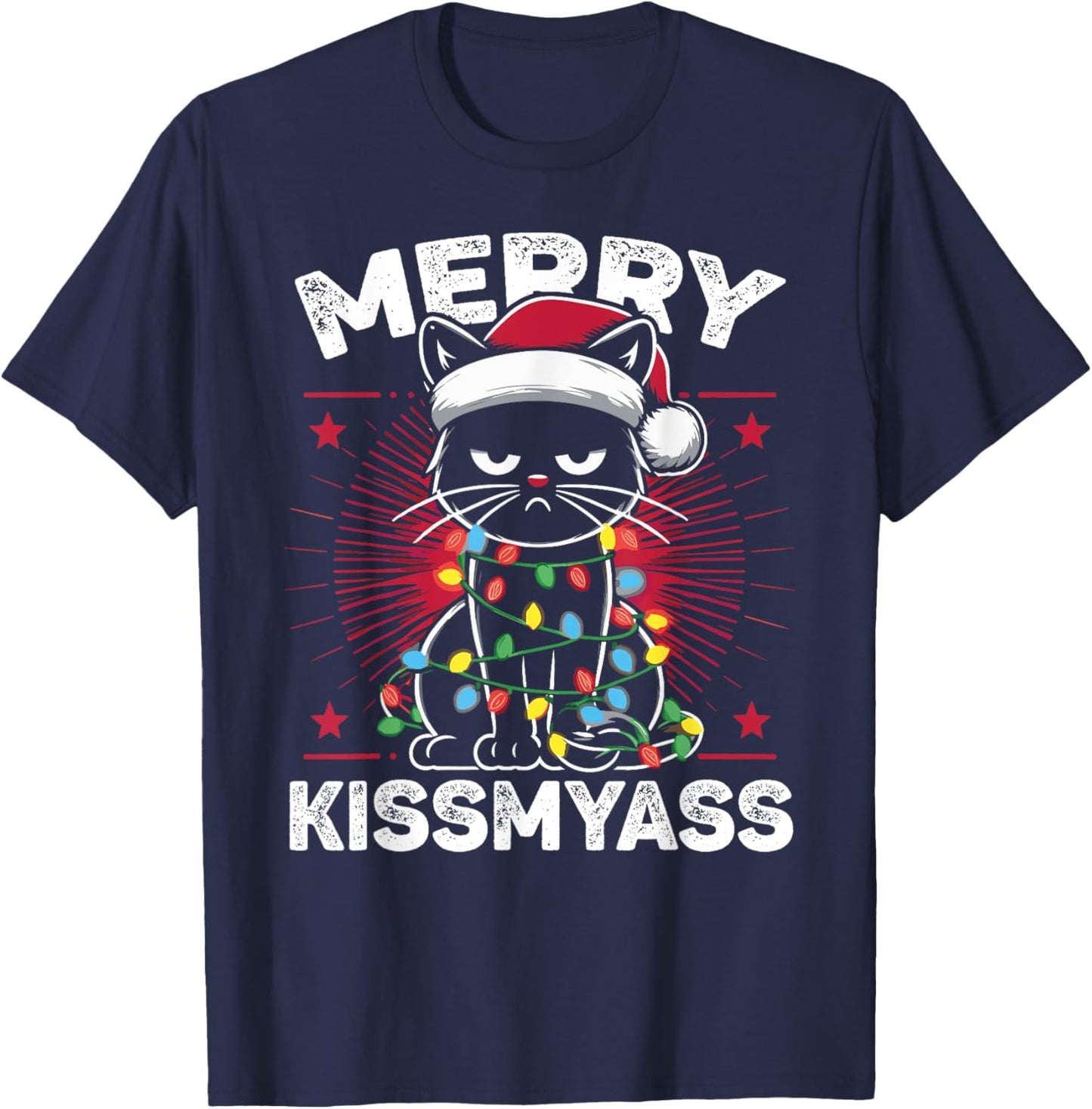 Merry Kissmyass Funny Cat Christmas Lights Christmas Cat T-Shirt - T-Shirt | Navy