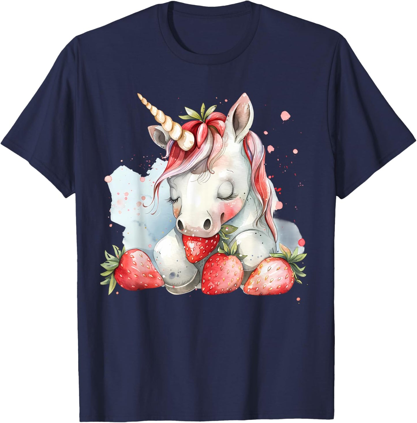 Strawberry Unicorn Cute Strawberries Drawing Watercolor T-Shirt - T-Shirt | Navy