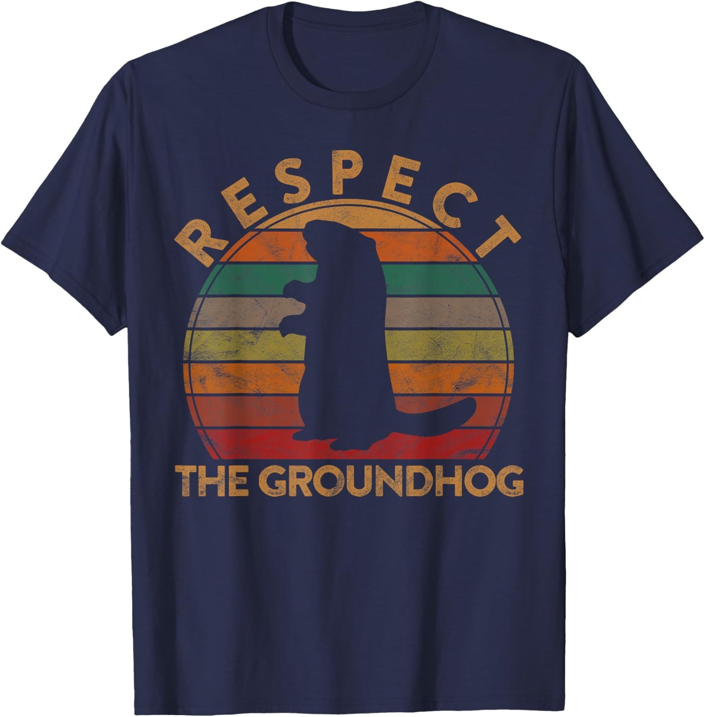 Respect The Ground Hog Sunset Gift Silhouette Groundhog Day T-Shirt - T-Shirt | Navy