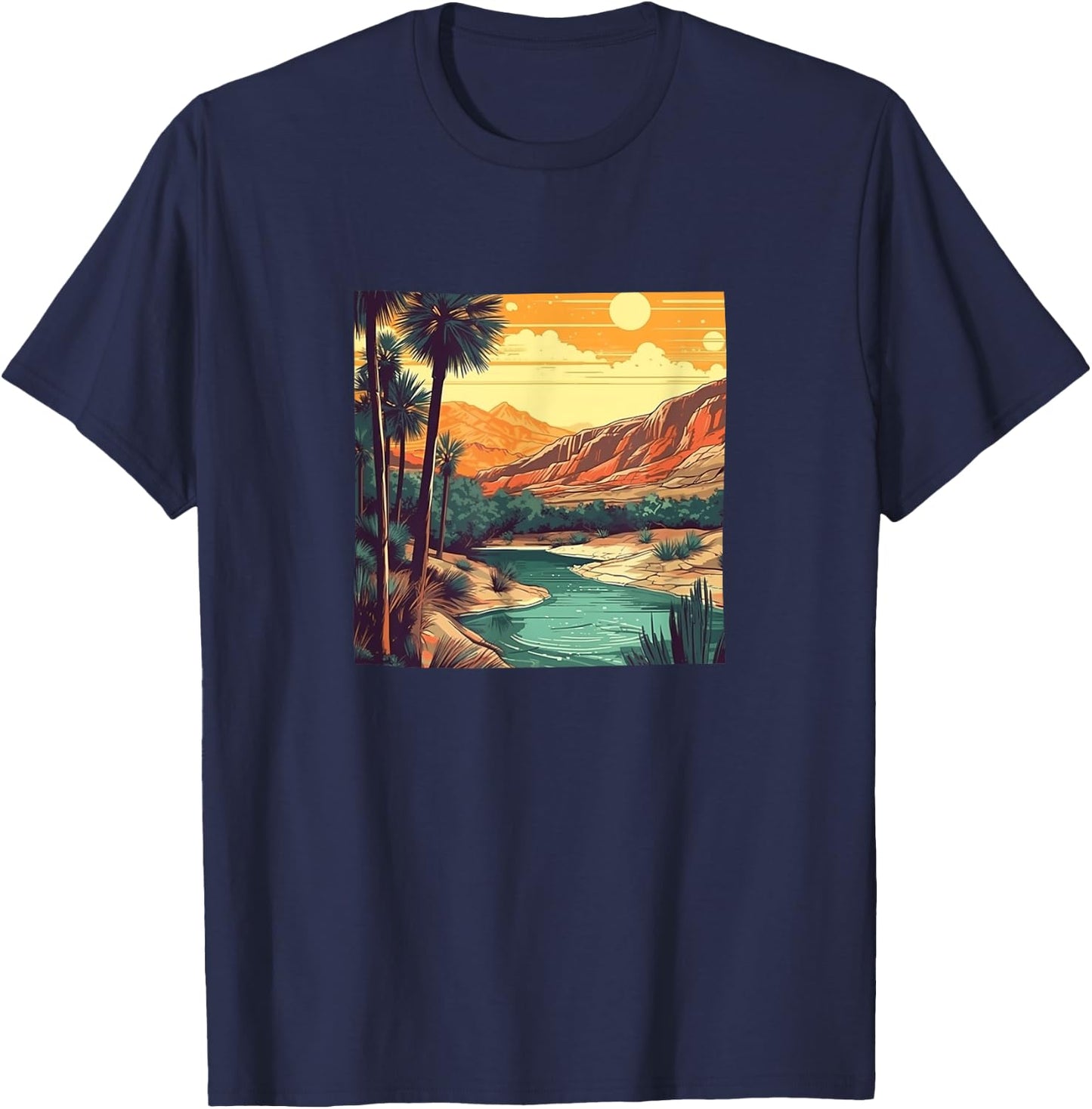 Desert Oasis Vintage Landscape Graphic T-Shirt - T-Shirt | Navy