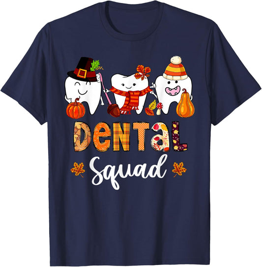 Dental Squad Pumpkin Fall Leaves Tooth Dentist Thanksgiving T-Shirt - T-Shirt | Navy