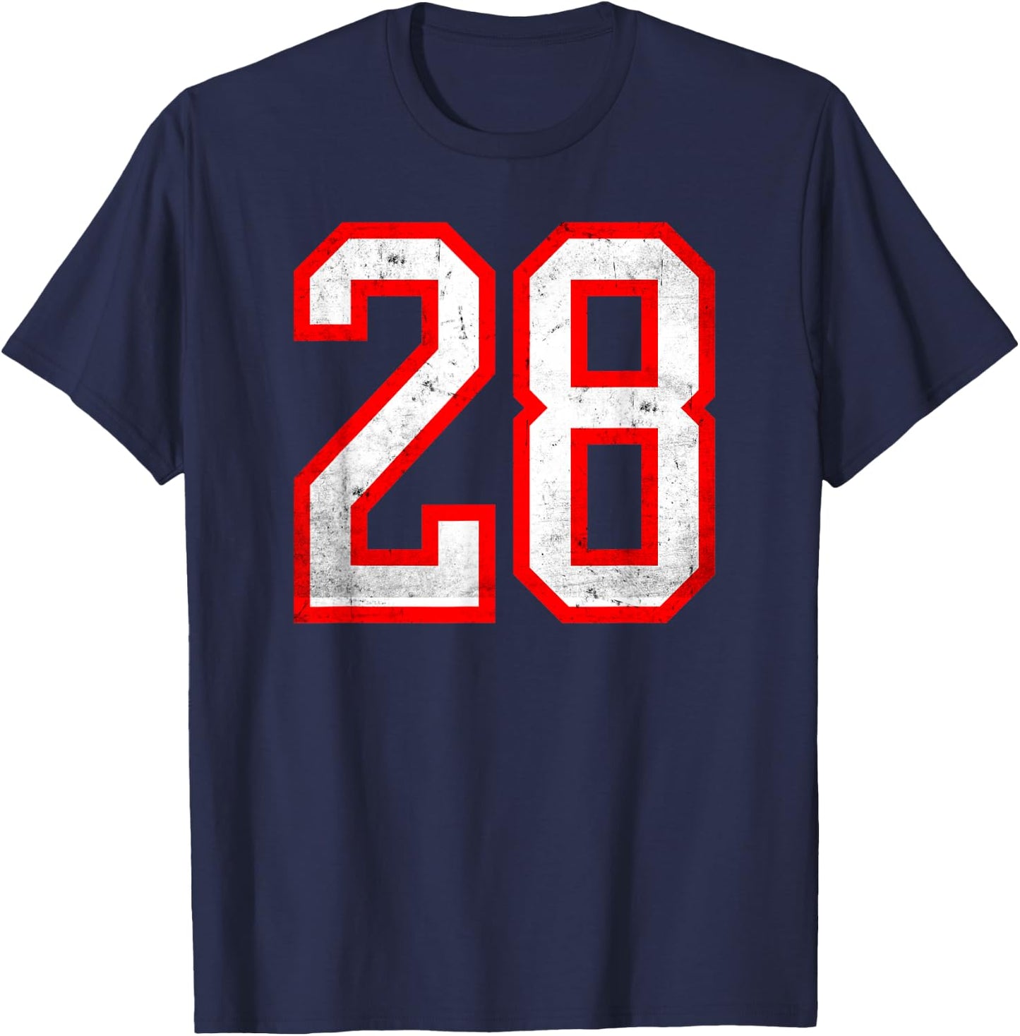 Distressed Number #28 White Red Varsity Number 28 T-Shirt - T-Shirt | Navy