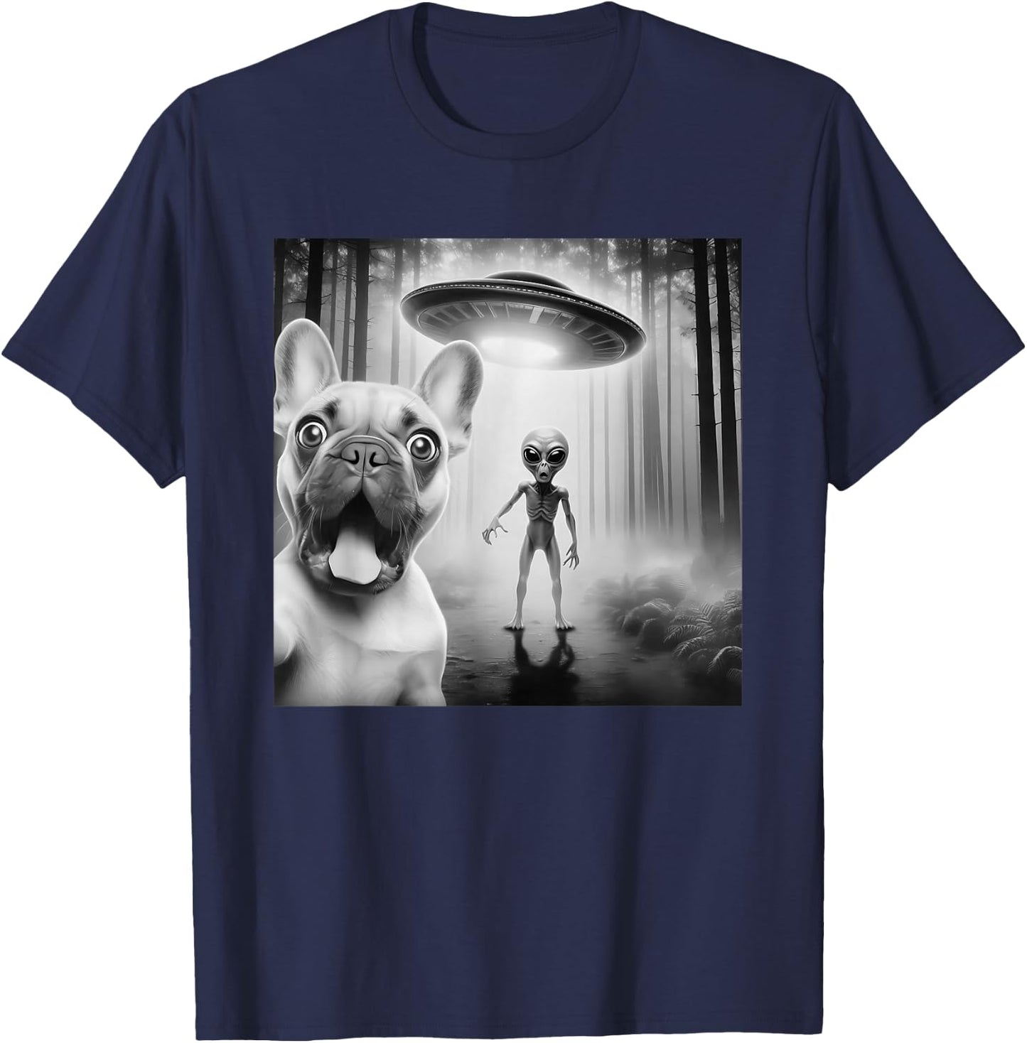 Funny French Bulldog Surprised Selfie with Alien UFO T-Shirt - T-Shirt | Navy