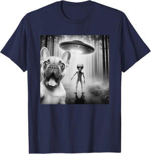 Funny French Bulldog Surprised Selfie with Alien UFO T-Shirt - T-Shirt | Navy