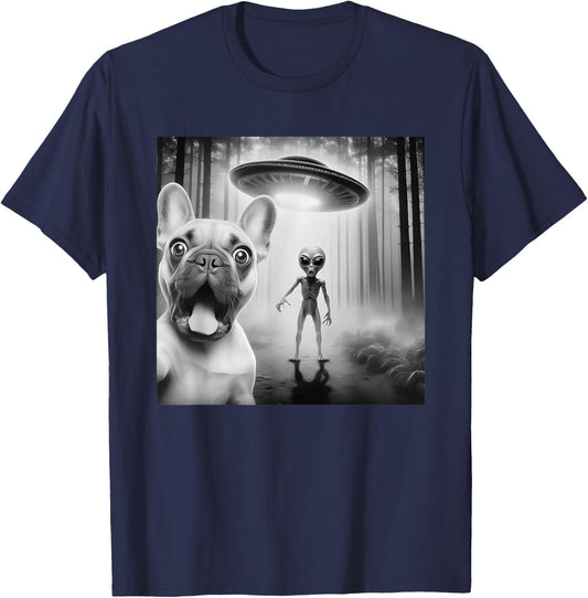 Funny French Bulldog Surprised Selfie with Alien UFO T-Shirt - T-Shirt | Navy