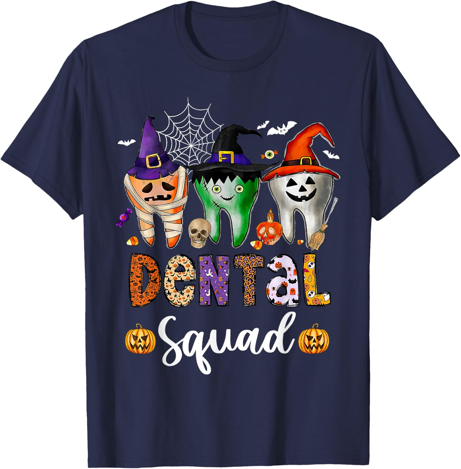 Dental Squad Spooky Teeth Dentist Trick Or Teeth Halloween T-Shirt - T-Shirt | Navy
