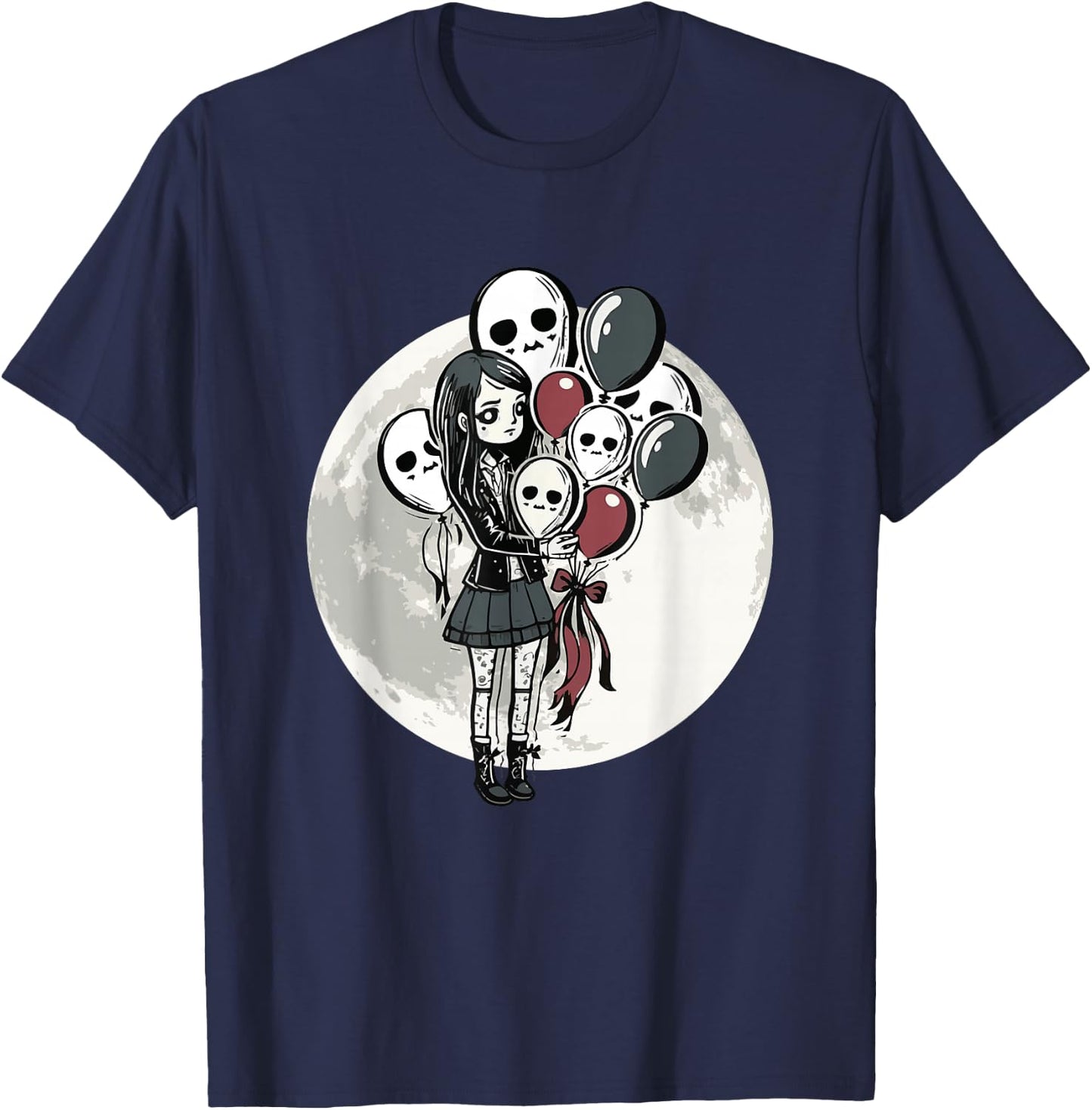 Goth Girl Holding Skull-Balloons - Goth Gothic T-Shirt - T-Shirt | Navy