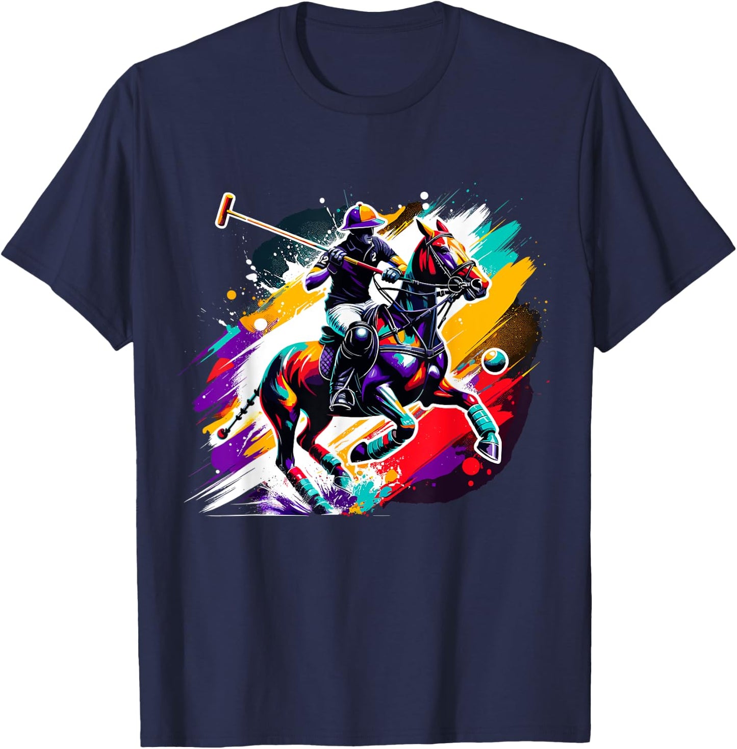 Colorful Polo Player on Horse Equestrian T-Shirt - T-Shirt | Navy
