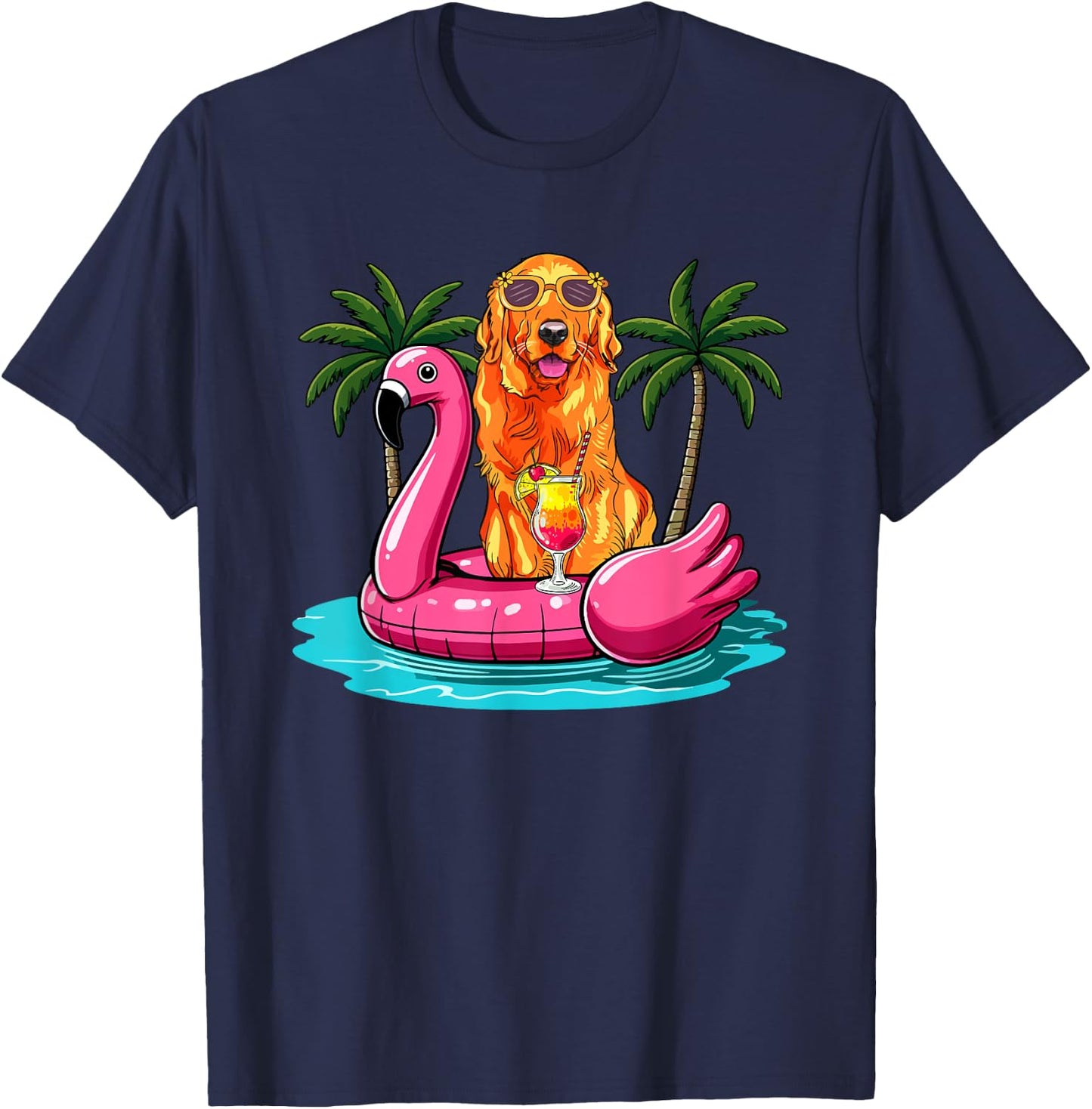 Golden Retriever Sunglasses On Flamingo Cute Float Lover T-Shirt - T-Shirt | Navy