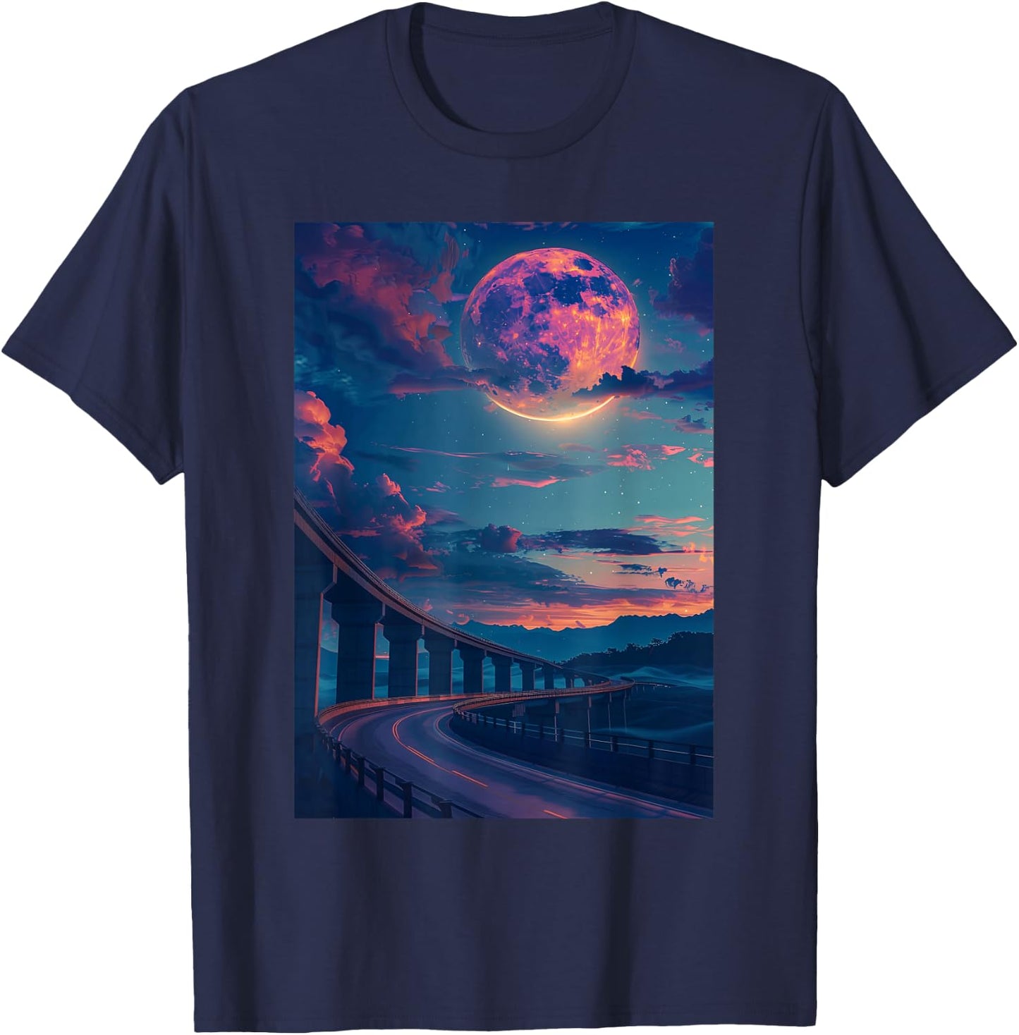Liminal Space: Curved Bridge in Moonlight Night T-Shirt - T-Shirt | Navy