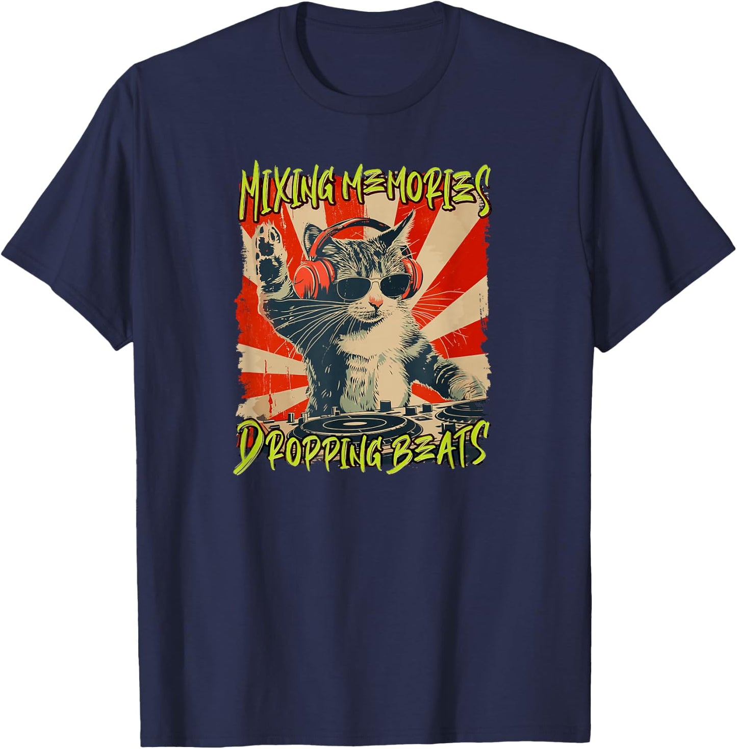 Funny DJ Cat Disco Sound Tech Headphone Music T-Shirt - T-Shirt | Navy