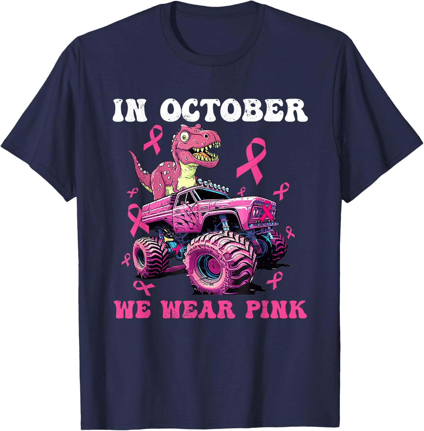 In October We Wear Pink Breast Cancer Trex Dino Kids T-Shirt - T-Shirt | Navy