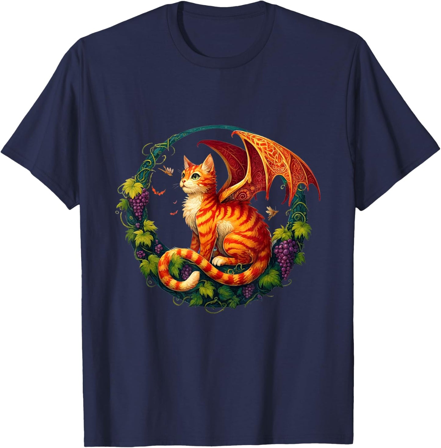 Retro Mystical Orange Tabby Dragon Cat Fae With Grapevines Men Women Kids T-Shirt - T-Shirt | Navy