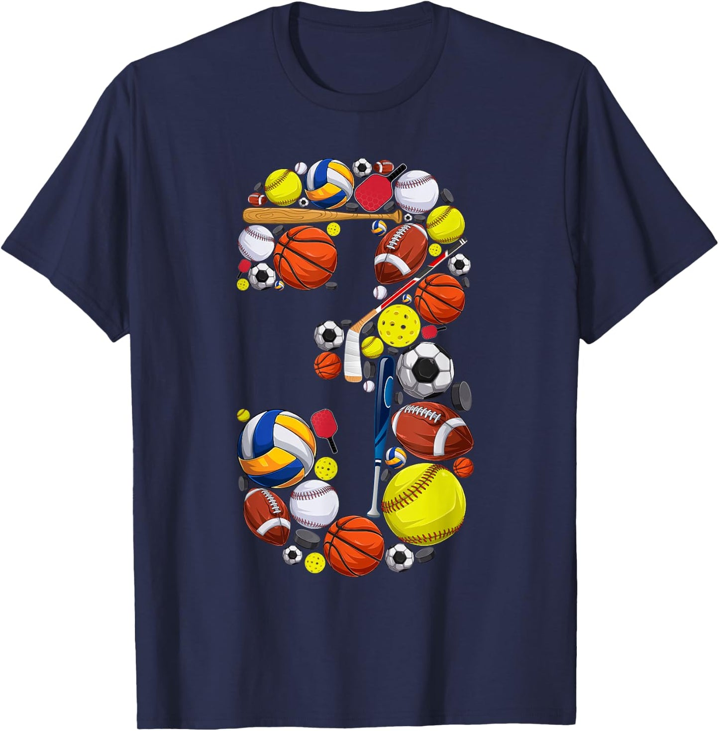 3 Years Old Sports Baller 3rd Birthday Party Boys Kids T-Shirt - T-Shirt | Navy
