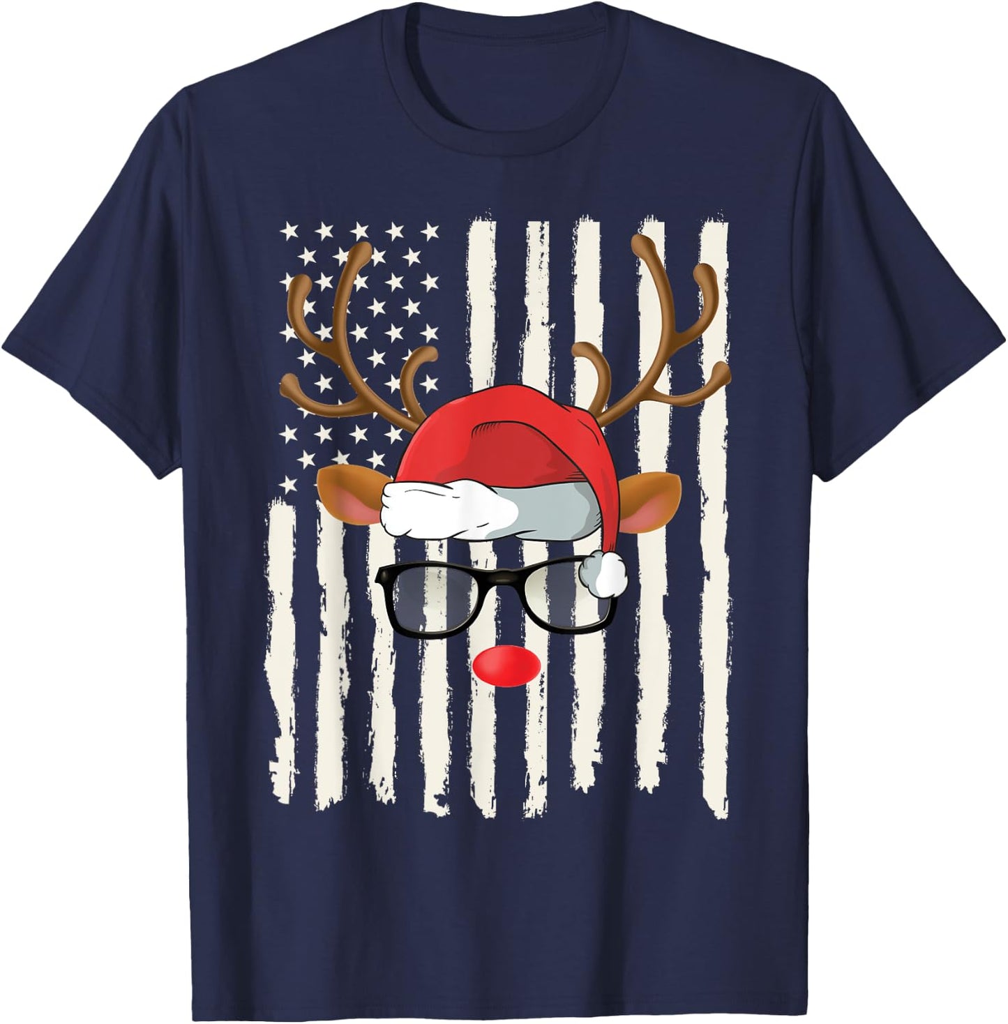 Cute Reindeer Santa Hat Glasses American Flag Christmas T-Shirt - T-Shirt | Navy
