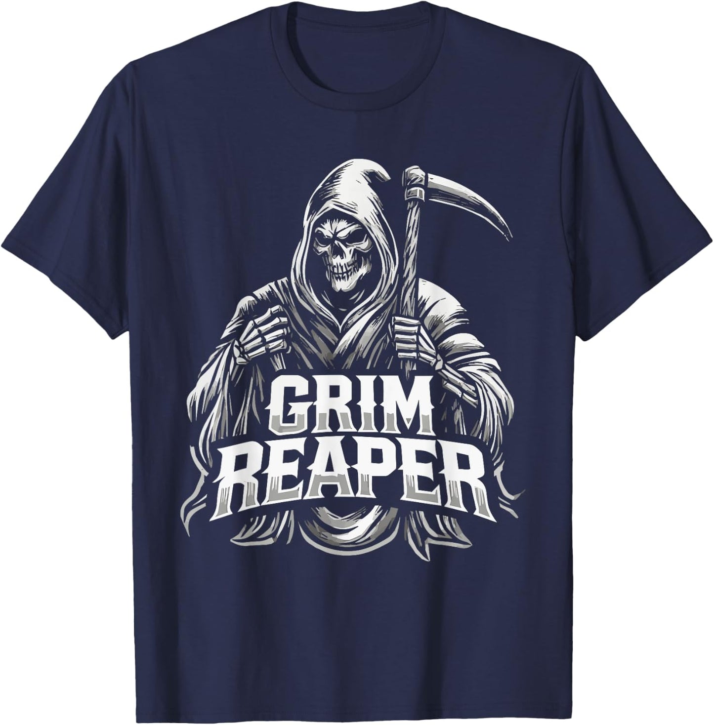 Grim Reaper Hooded Skeleton Scythe Design T-Shirt - T-Shirt | Navy