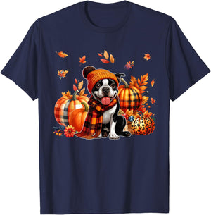 Boston Terrier Thanksgiving Leopard Pumpkins Fall Leaves T-Shirt - T-Shirt | Navy