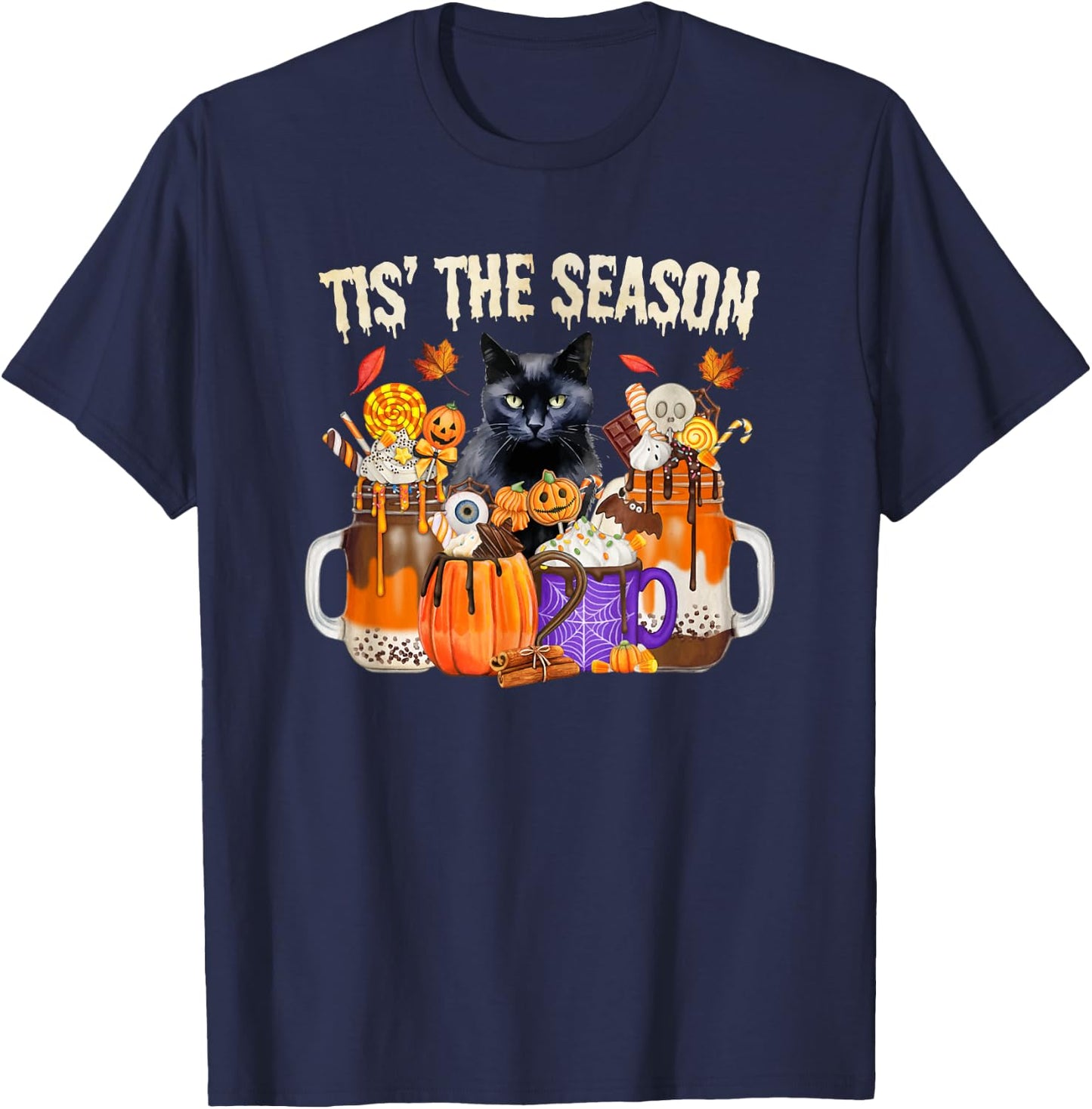 Fall Coffee Pumpkin Spice Latte Autumn Black Cat T-Shirt - T-Shirt | Navy