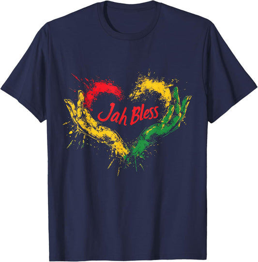 Rasta Reggae Music Jah Bless Up Rastafari Hand Heart T-Shirt - T-Shirt | Navy