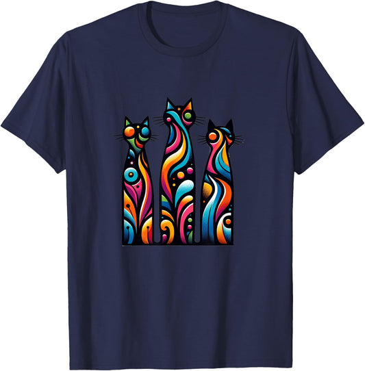 80s Colorful Kitten Lover Artwork Decor Cute Art Cat T-Shirt - T-Shirt | Navy