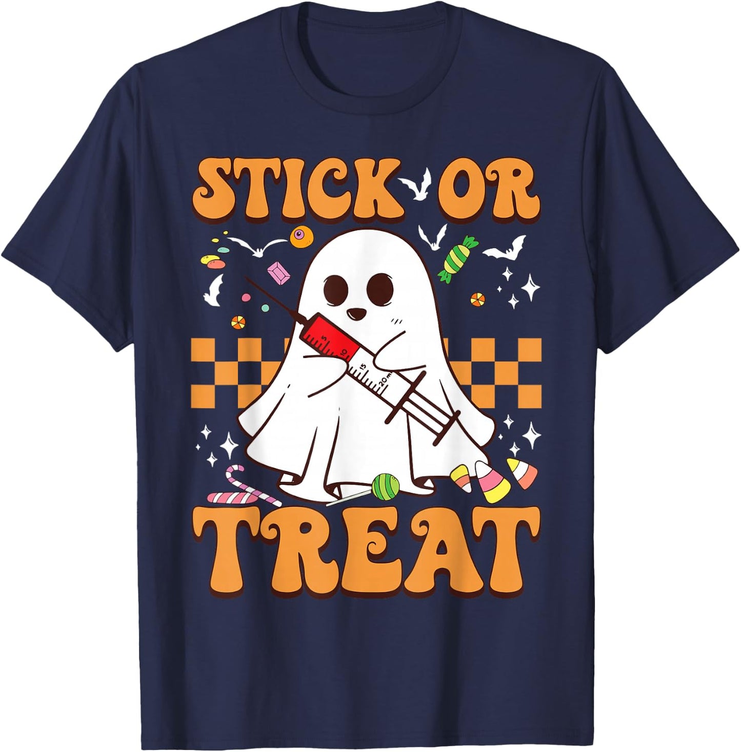 Retro Stick Or Treat Cute Ghost Nurse Phlebotomist Halloween T-Shirt - T-Shirt | Navy