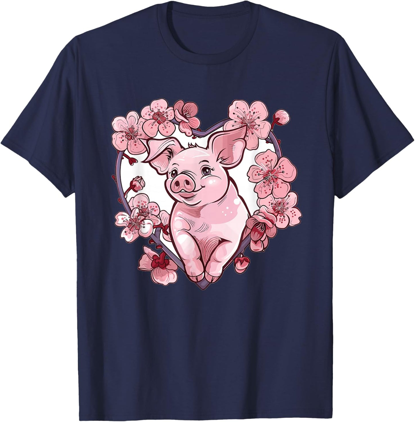 Cute Pig With Flowers I Pig T-Shirt - T-Shirt | Navy
