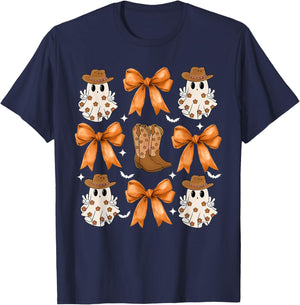Coquette Bow Ghost Cowboy Western Spooky Season Halloween T-Shirt - T-Shirt | Navy