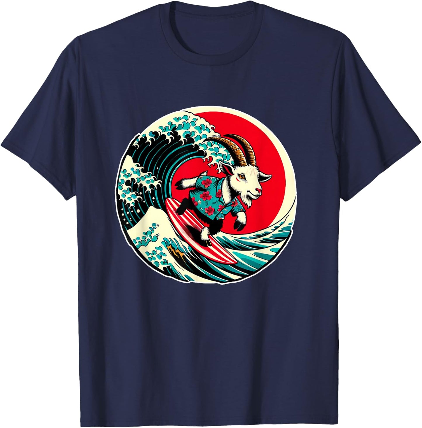 Great Wave Kanagawa Goat Surfing T-Shirt - T-Shirt | Navy