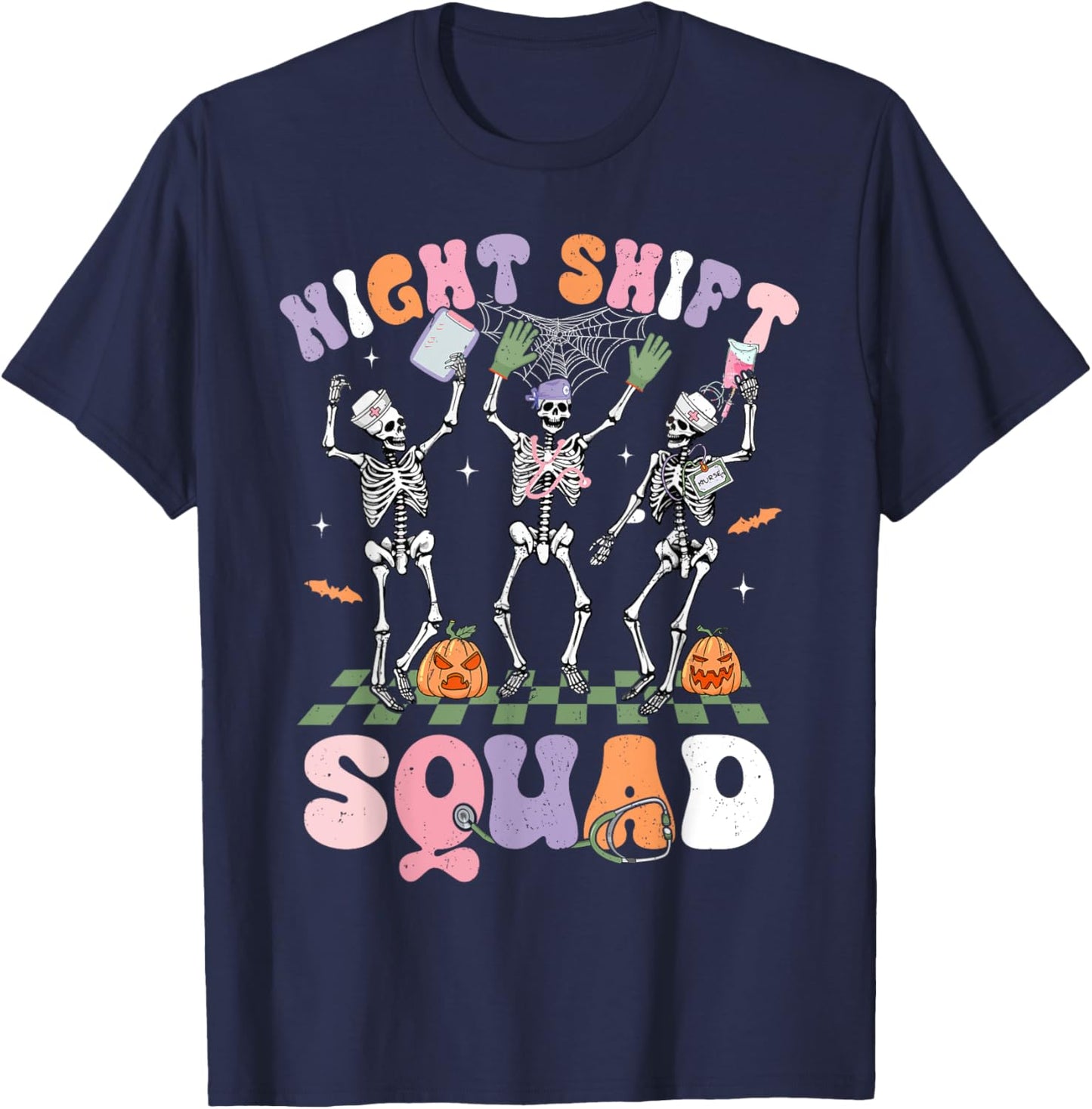 Dancing Skeleton Nurse Night Shift Squad Halloween T-Shirt - T-Shirt | Navy
