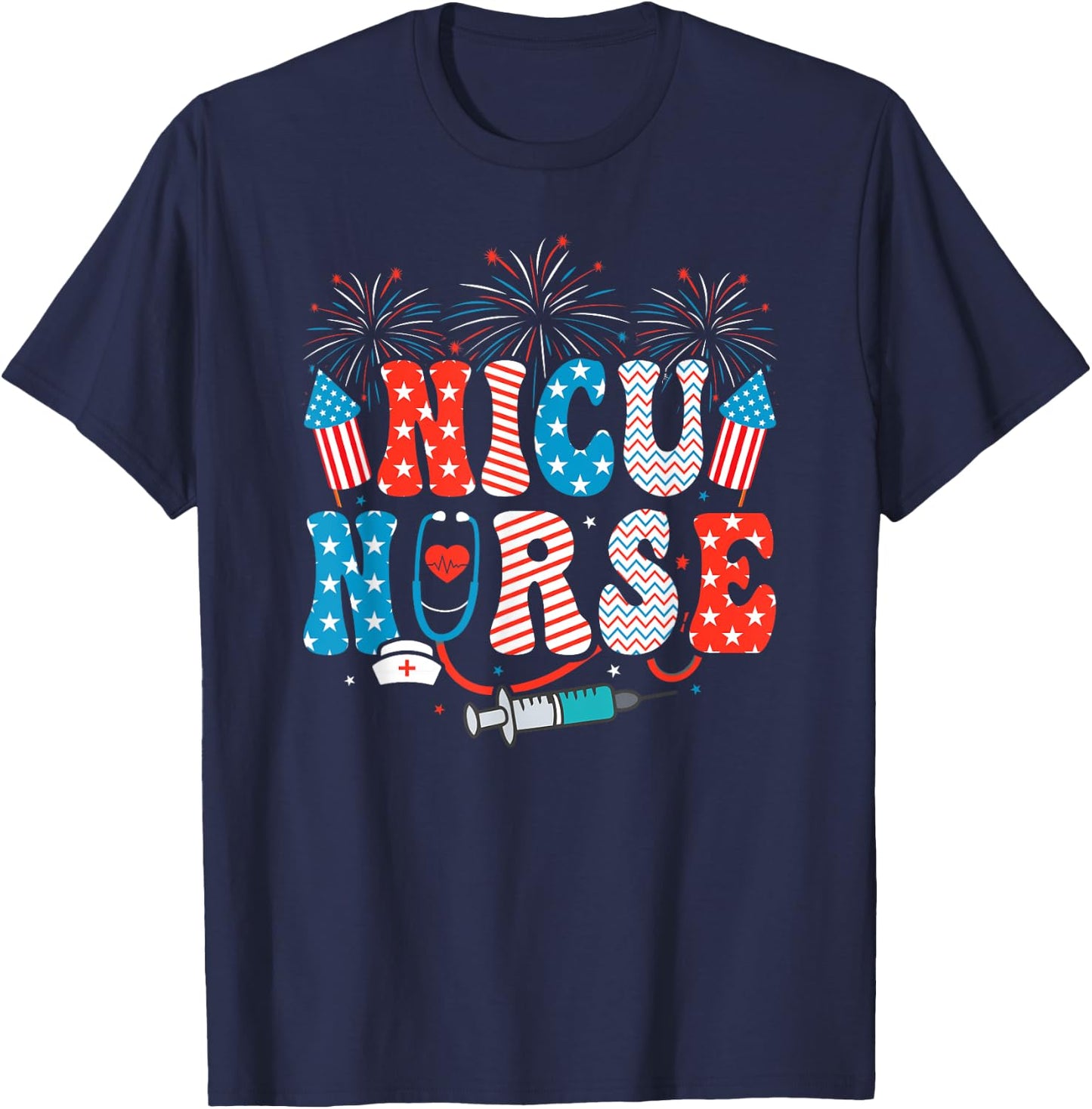 NICU Nurse 4th Of July American Flag Patriotic Nicu Nurse T-Shirt - T-Shirt | Navy