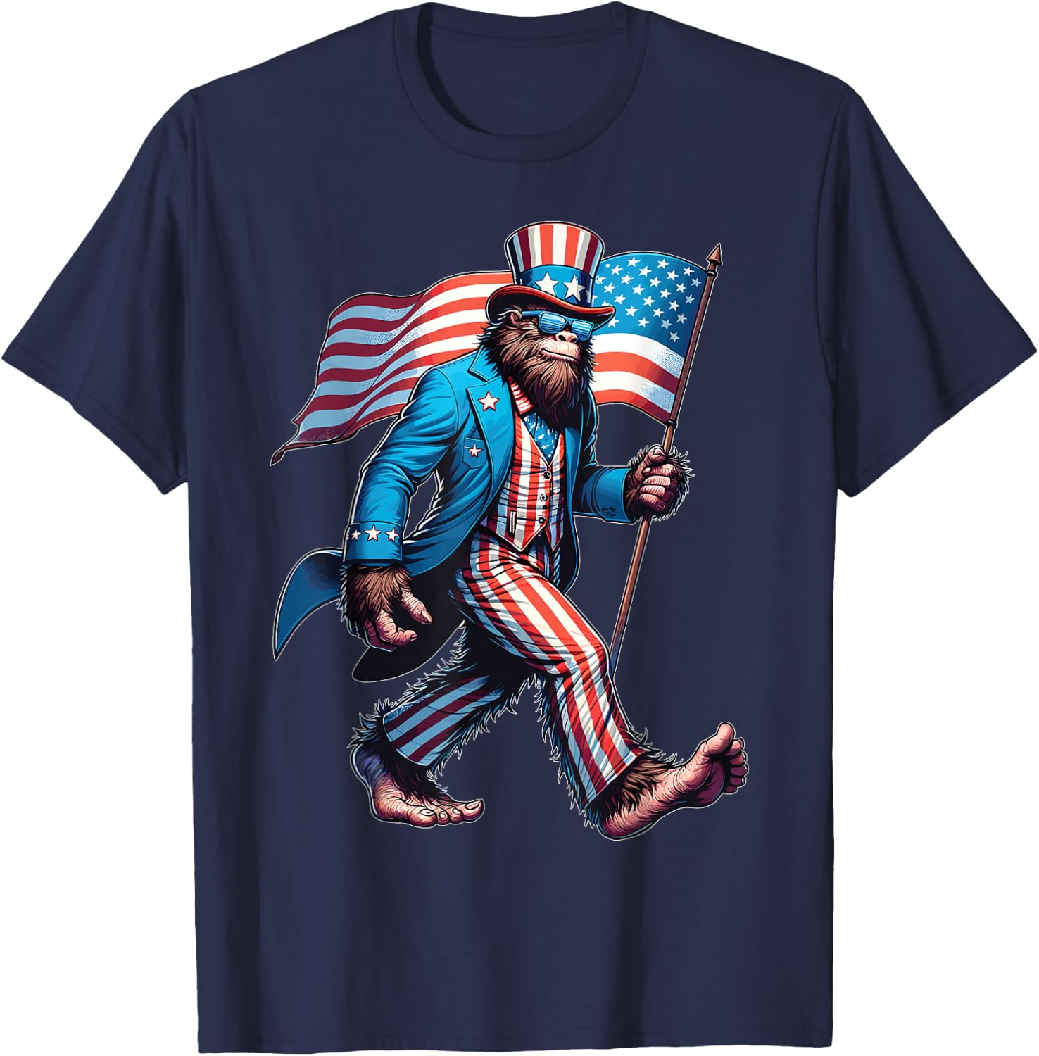 Bigfoot Sasquatch 4th Of July Shirts Patriotic American Flag T-Shirt - T-Shirt | Navy