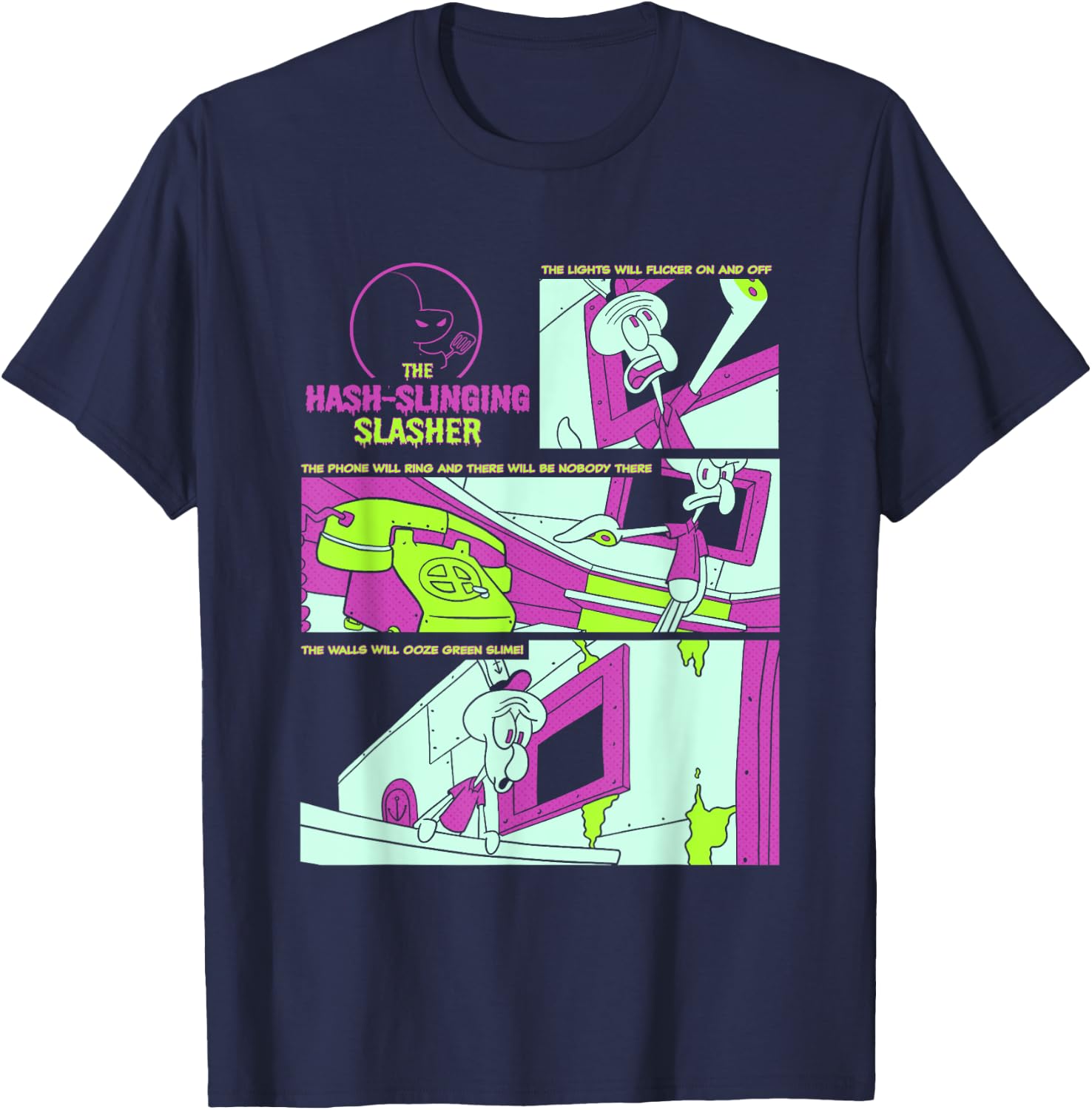 SpongeBob SquarePants The Hash-Slinging Slasher Signs Panels T-Shirt - T-Shirt | Navy