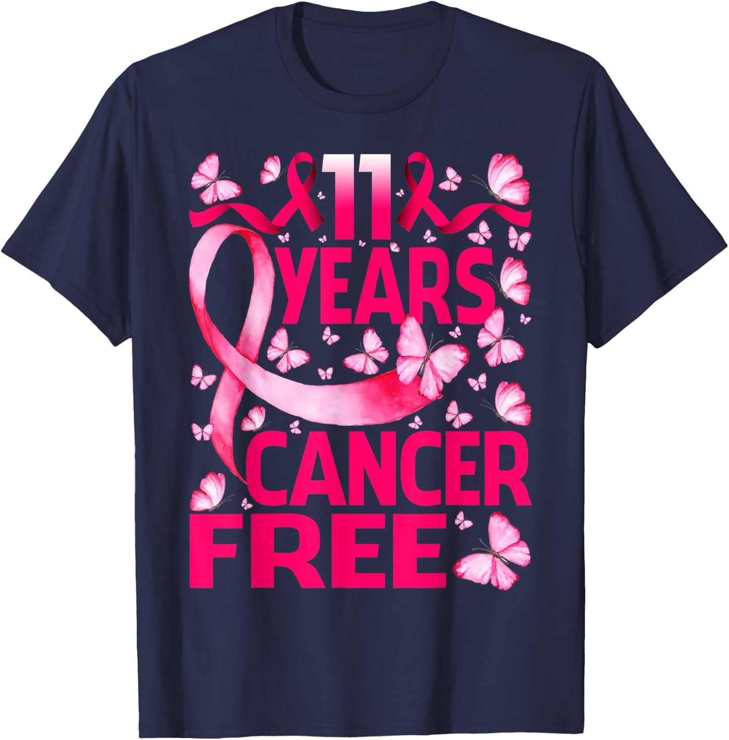 11 Years Breast Cancer Free Survivor Butterfly T-Shirt - T-Shirt | Navy