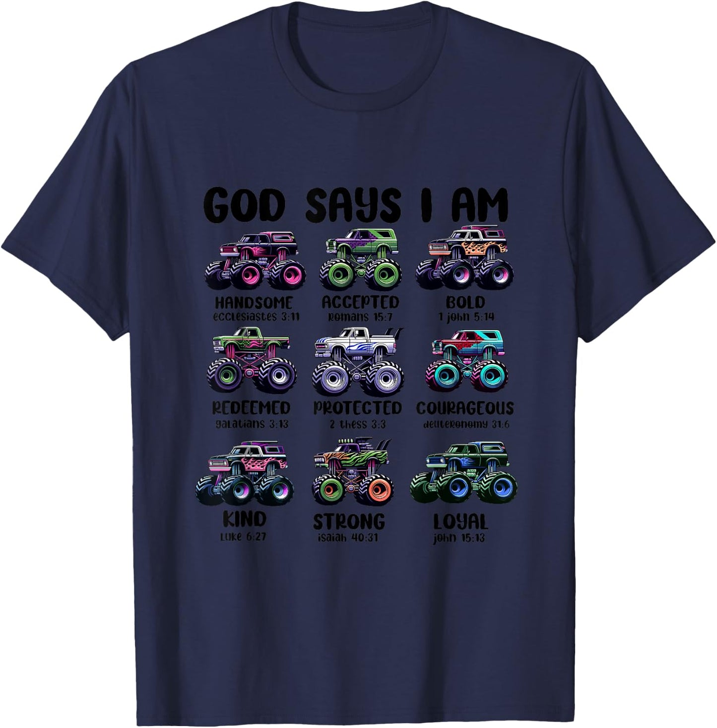 Funny God Says I Am Monster Truck Christian Bible Kids Boys T-Shirt - T-Shirt | Navy
